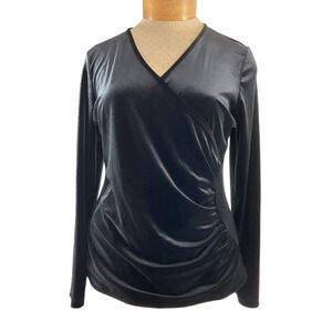 Jon Den Black Velvet Ruched Wrap V Neck Long Sleeve Top Women Size XL